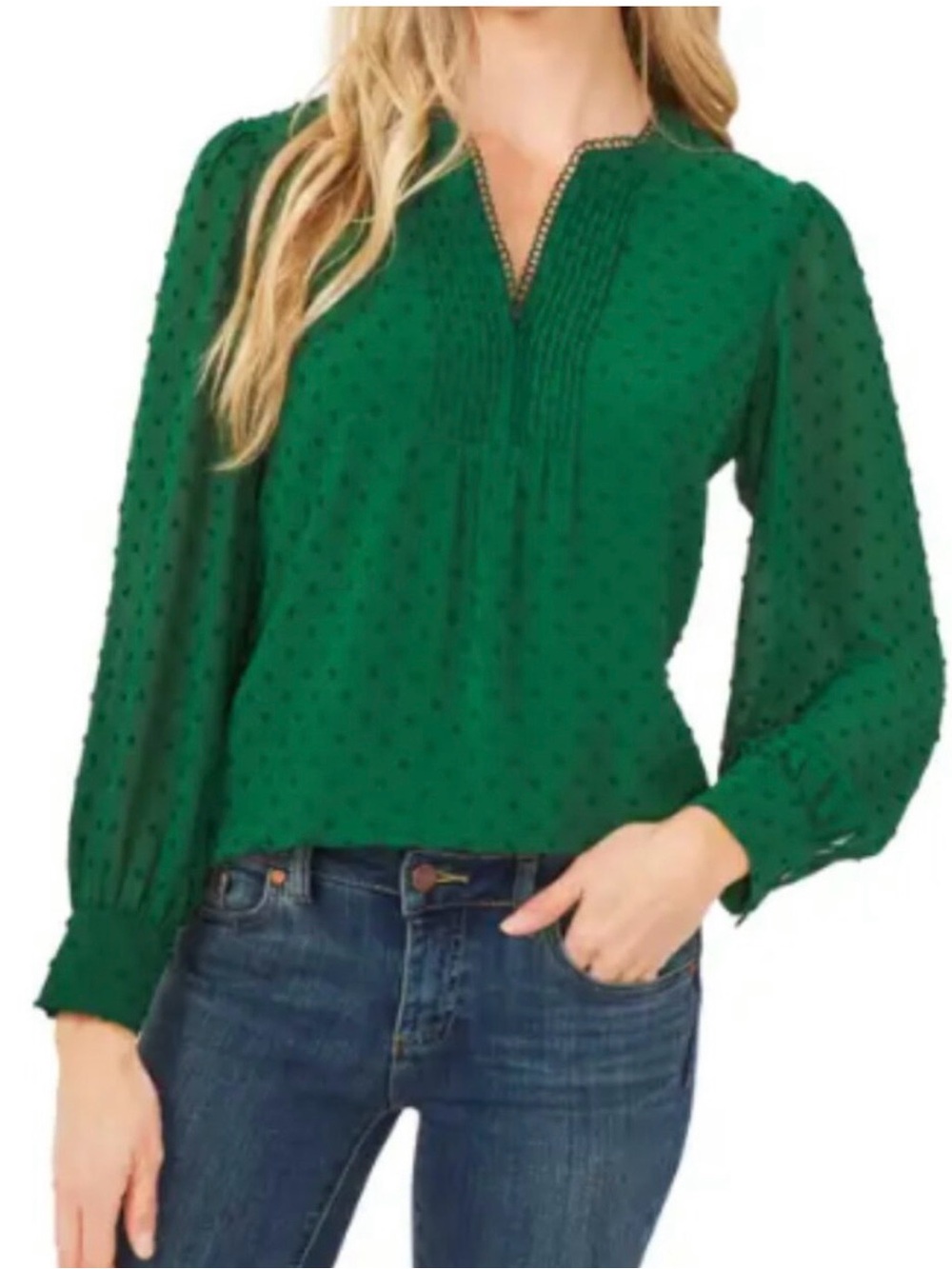 CeCe Emerald Green Swiss Dot Pintuck V-Neck Blouse Size Small Work Holiday